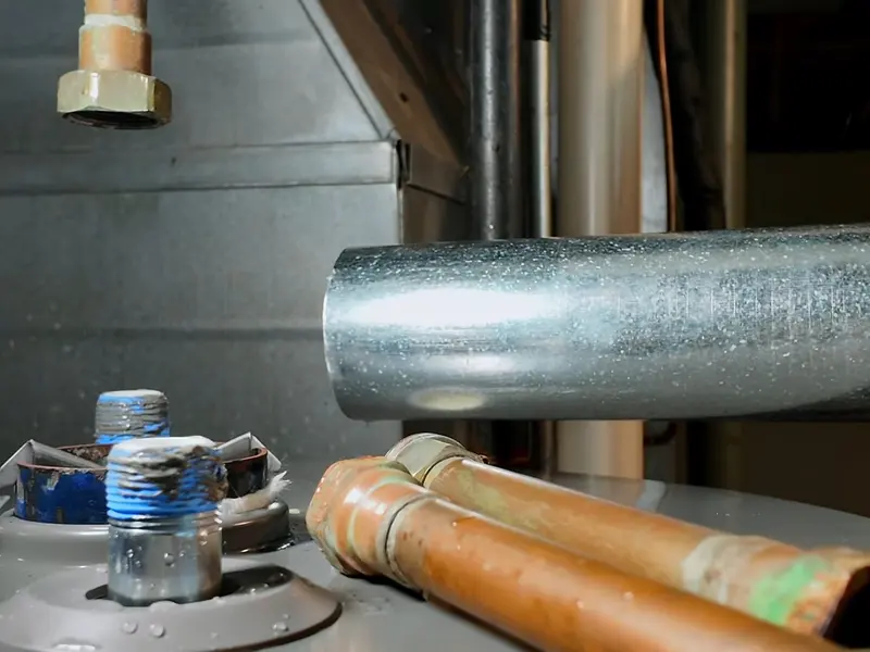 Gas water heater tank with nearby piping for a plumbing service page in Campbelltown, PA