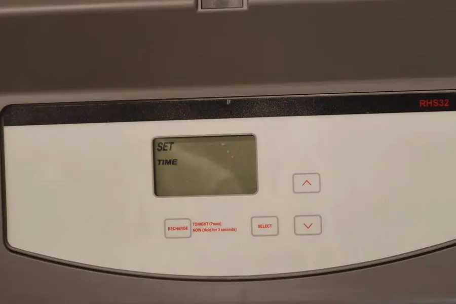 Water softener equipment with control head and brine tank illustrating Water Softener in Lebanon County: City vs. Well (Water Softener in Lebanon County: City vs. Well detail)