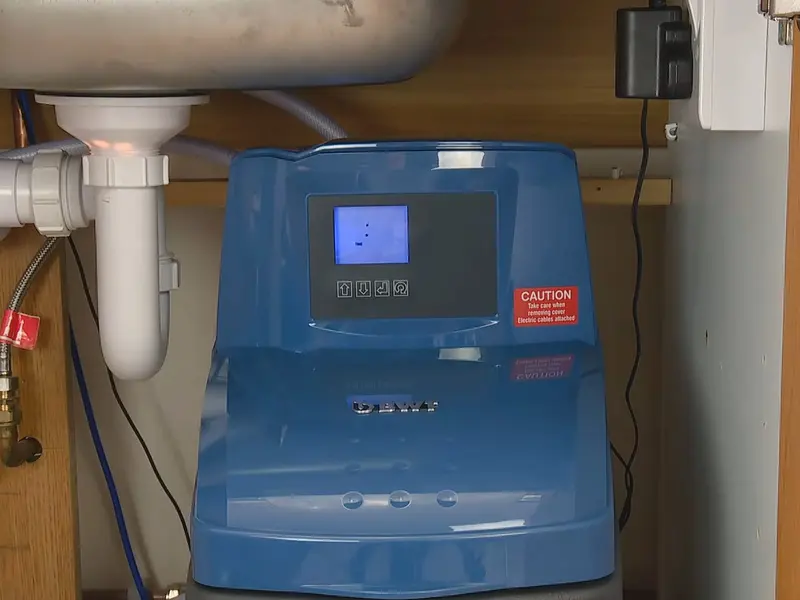 Water softener equipment with control head and brine tank for a plumbing service page in North Lebanon, PA (North Lebanon Plumber detail)
