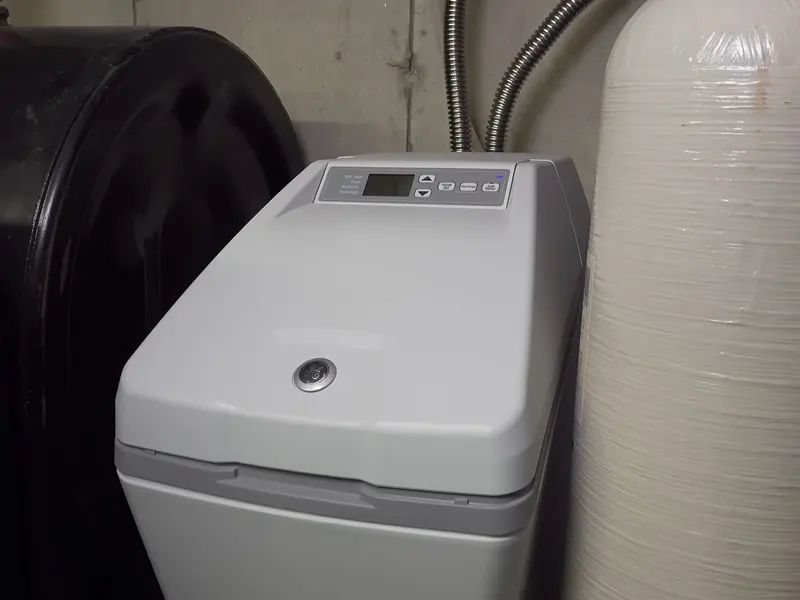 Water softener equipment with control head and brine tank for a plumbing service page in Schaefferstown, PA